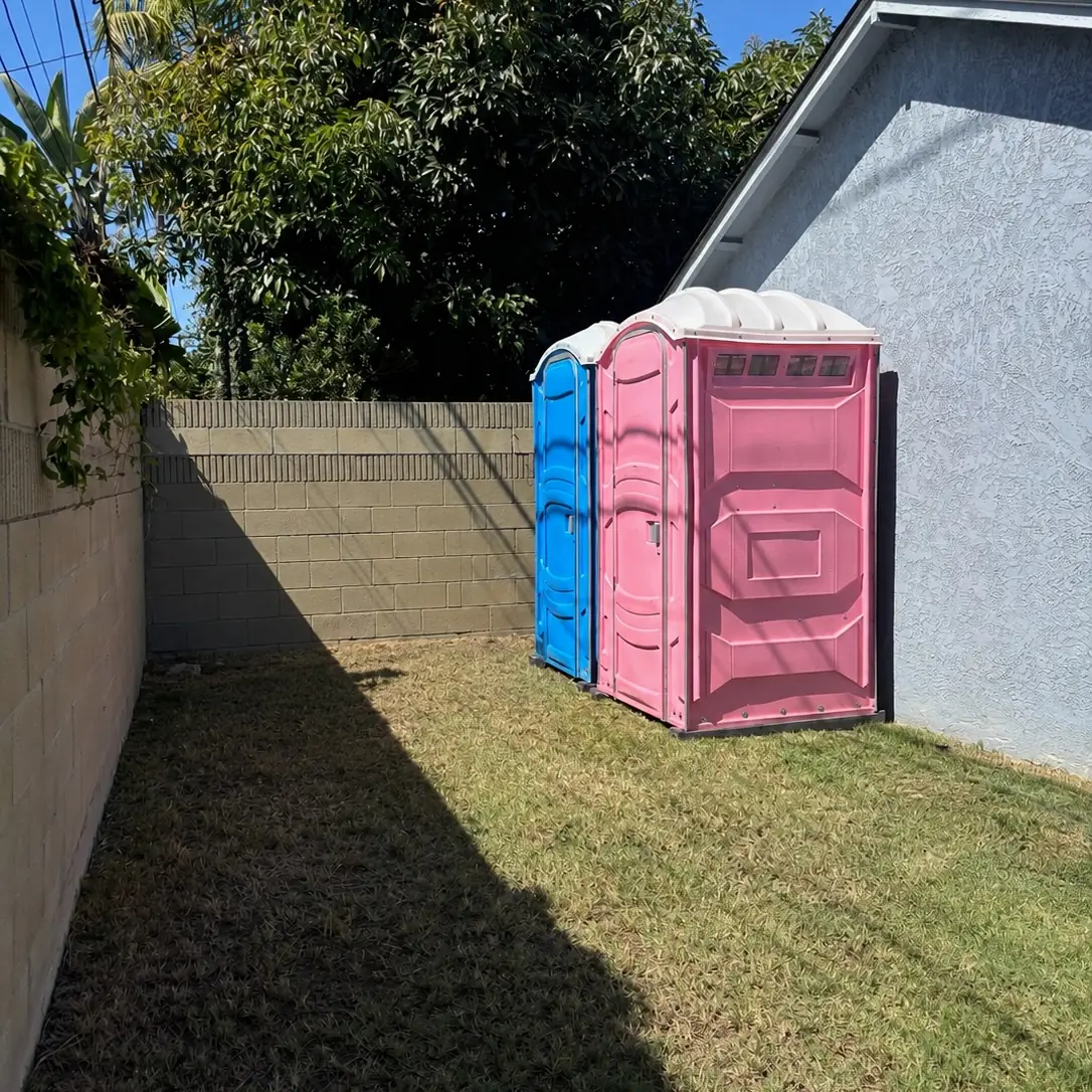 A pink and a blue porta potty on grass beside a wall