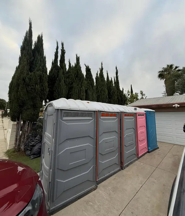 A row of portable toilets lined up along a residential driveway