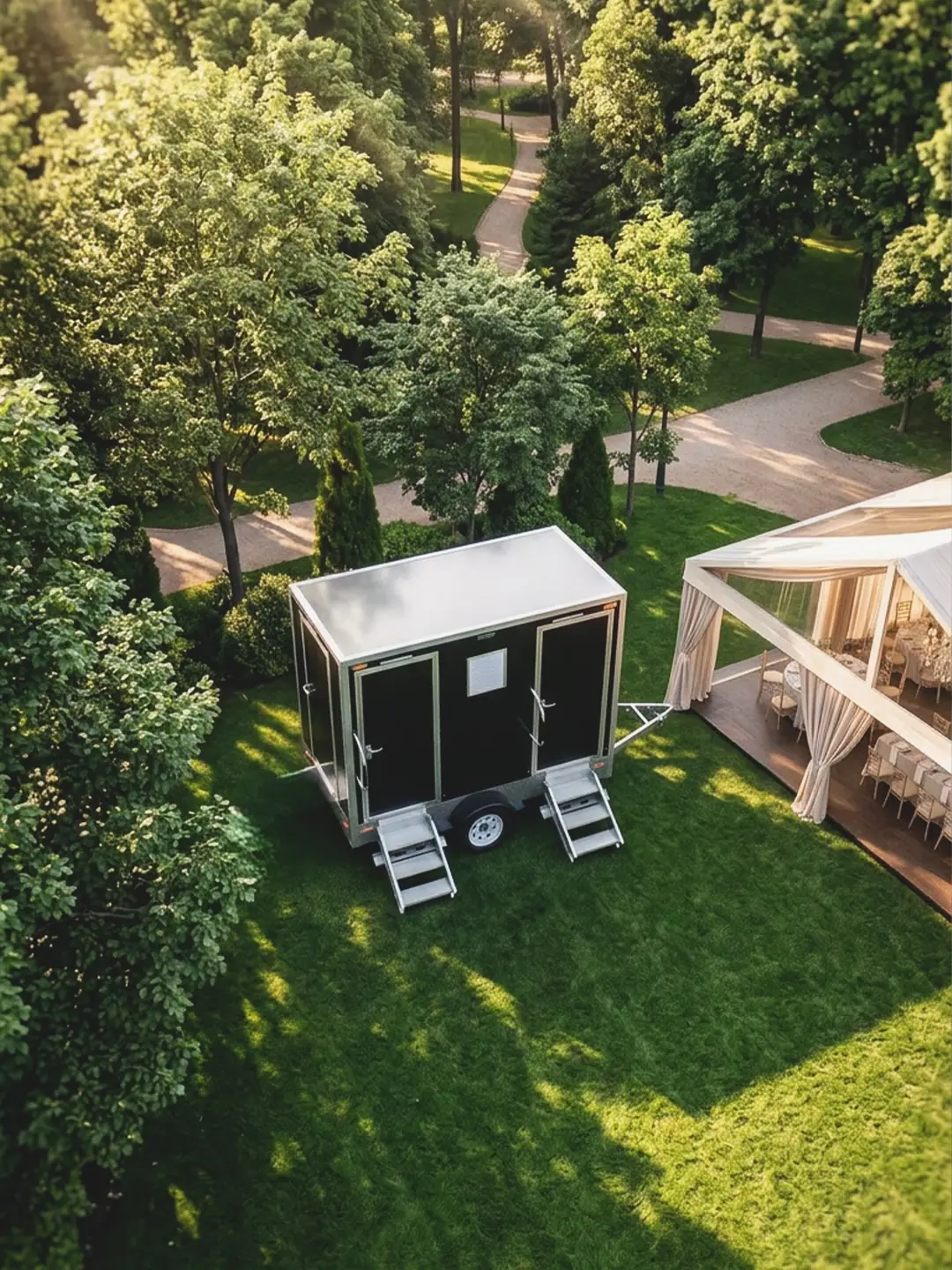 Aerial view of a restroom trailer in a garden beside a wedding tent